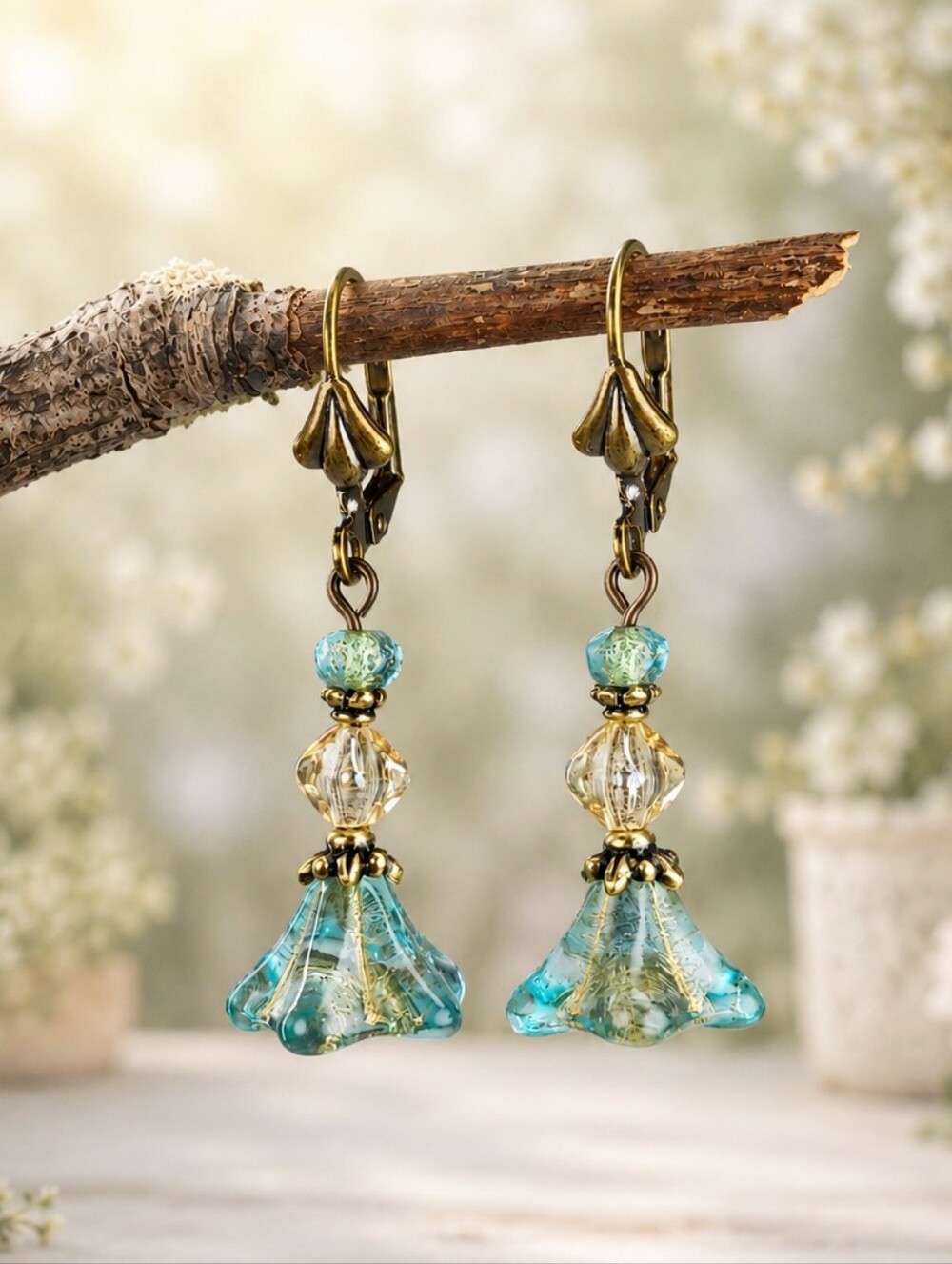 Aqua Czech Glass Flower Earrings Brass Floral Dangles Nature Hand Crafted